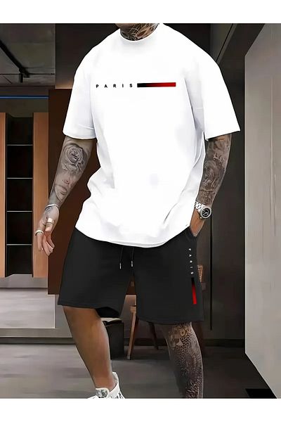 Minikelya Casual Round Neck Print T-Shirt and Shorts Set for Men, Fashion Print, Comfortable Fit