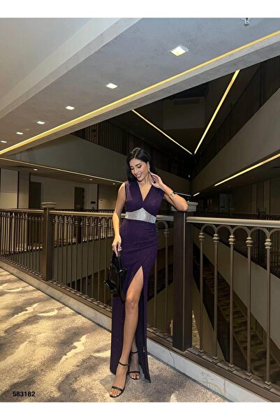 Modafeminen فستان سهرة نسائي بتفاصيل فتحة فضية من قماش فوكورو بحجر الصدر 5831...