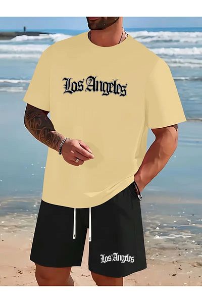Minikelya Los Angeles Pattern Printed Short Sleeve Round Neck T-Shirt & Jogger Shorts Set