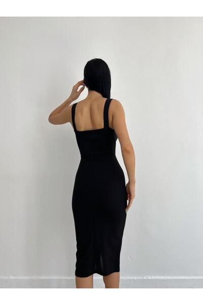 Modafeminen Κρεμαστό τετράγωνο γιακά με σχισμή Crepe Pencil φόρεμα 582458 Μαύρο