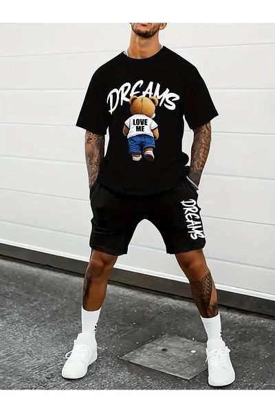 Minikelya Bear Patterned Men's Short Sleeve T-Shirt & Lace-Up Shorts Set of 2 with Sunglasses