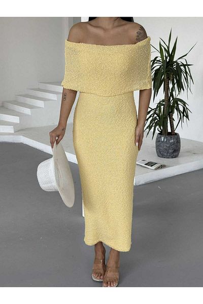 Cistern İstanbul Women's Yellow Madonna Collar Textured Long Knitwear Dress