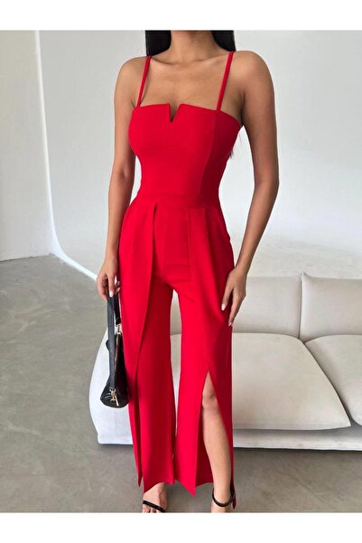 Modafeminen Krep Kumaş Askılı Yaka Ve Yırtmaç Detaylı Tulum 582232 Kirmizi