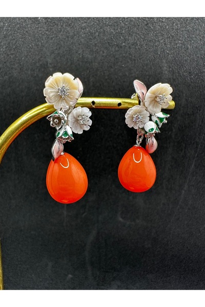 Jewel İTHAL MERCAN TAŞLI MİNELİ MANOLYA ÇİÇEK GÜMÜŞ KÜPE