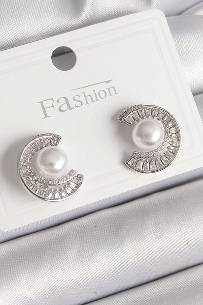 Clariss Brass Silver Color Zircon Stone Snail Model Pearl Detail Women's Earrings