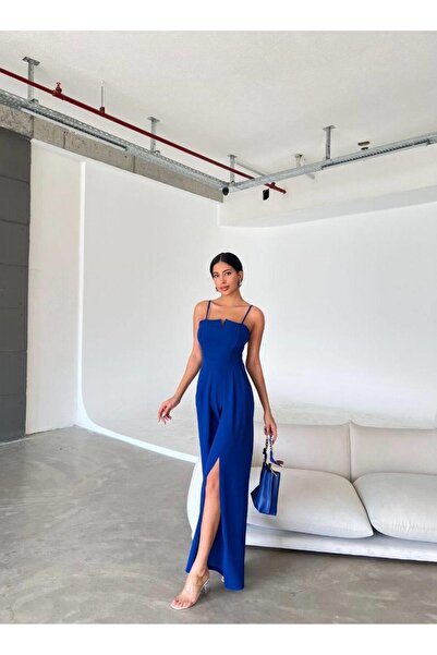 Modafeminen Krep Kumaş Askılı Yaka Ve Yırtmaç Detaylı Tulum 582232 Saks