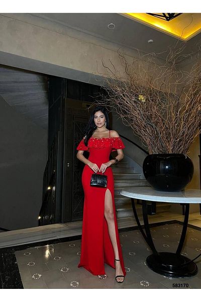 Modafeminen Strappy Stone Slit Long Evening Dress Red 583170