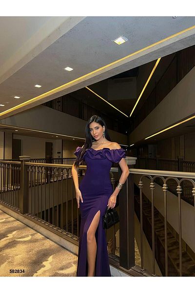 Modafeminen Katre Collar Ruffled Slit Evening Dress 582834 Purple