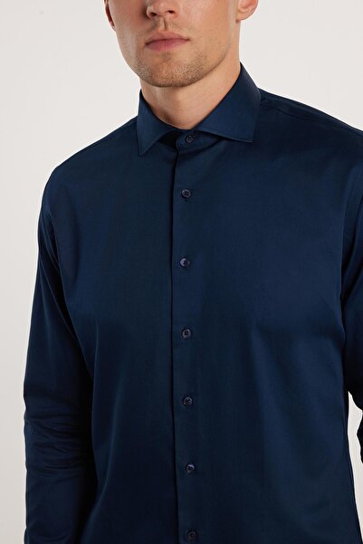 Tudors Slim Fit Uzun Kollu Koton Satenpremium Seri Erkek Lacivert Gömlek