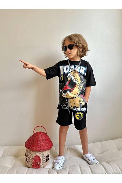 YİGİT BUTİK Yigit Butik Dinosaur Printed Shorts Boys' Bottoms and Tops Set