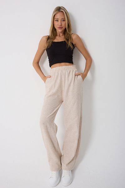 Montland Women's Beige High Waist Elastic Double Pocket Linen Trousers