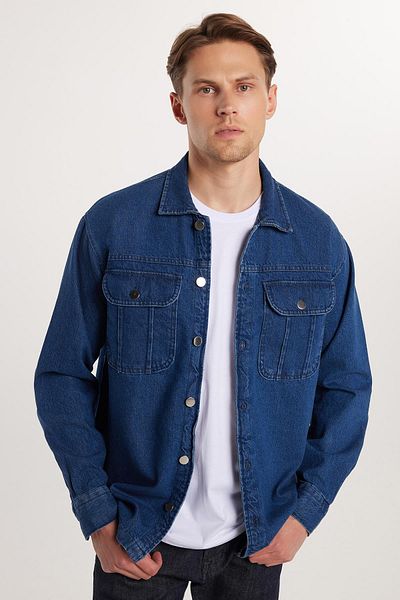 Tudors Unisex Relax Fit Relaxed Cut Τζιν Τζιν Πουκάμισο με διπλή τσέπη πουκάμισο σε στυλ μπουφάν