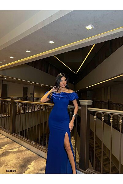 Modafeminen Katre Yaka Fırfırlı Yırtmaçlı Abiye 582834 Saks