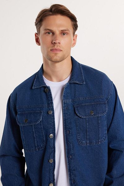 Tudors Unisex Relax Fit Relaxed Cut Τζιν Τζιν Πουκάμισο με διπλή τσέπη πουκάμισο σε στυλ μπουφάν