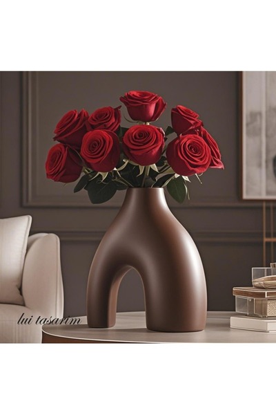 Lui Tasarım Nude Bohem Kahve Vazo Büyük Boy Seramik 28 cm -26 cm