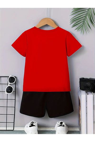 vinraus Girl\Boy Red-Black Mountain Bike Printed Combed Cotton Shorts-Tshirt Set