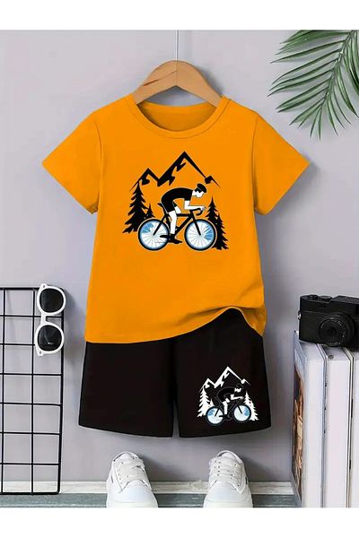 vinraus Girl\Boy Orange-Black Mountain Bike Printed Combed Cotton Shorts-Tshirt Set