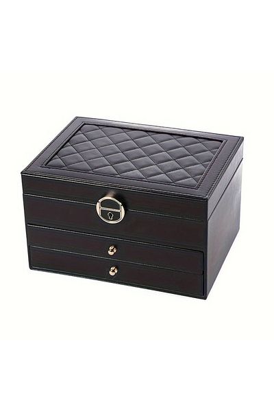 Büyük Hanım Double Drawer Faux Leather Black Jewelry Box with Key