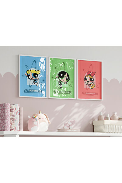 Home power puff girls 3'lü Çocuk ve Genç Odası Duvar Dekoru, Duvar Tablosu, G...