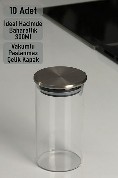 color house 10 Pieces Spice Jar Borosilicate (Glass) 300ml Round Jar with Steel Lid and Spice Label