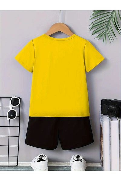 vinraus Girl\Boy Yellow-Black Mountain Bike Printed Combed Cotton Shorts-Tshirt Set