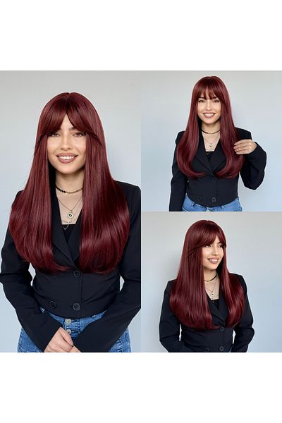 Fenomen Peruk En Ler Red Straight Human Hair Texture Wig