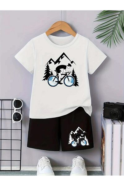 vinraus Girl\Boy White-Black Mountain Bike Printed Combed Cotton Shorts-Tshirt Set