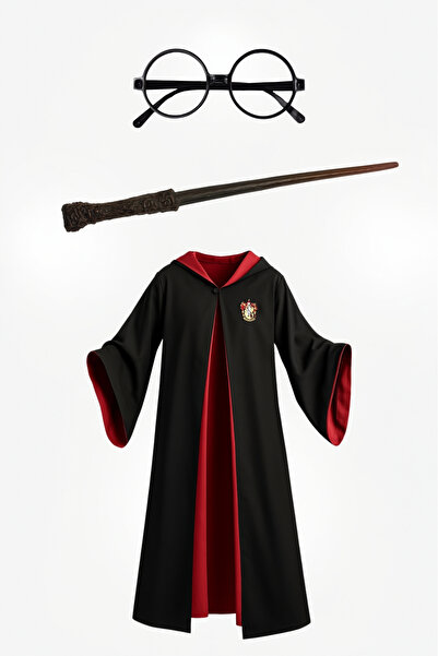 ReilaParty Harry Potter Gryffindor Kostüm Seti - Kapüşonlu Cübbe, Asa ve Gözlük | Parti ve Cosplay Aksesuarı