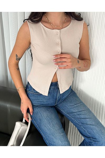 Diviny Women's Ecru Corded Zero Sleeve Button Vest