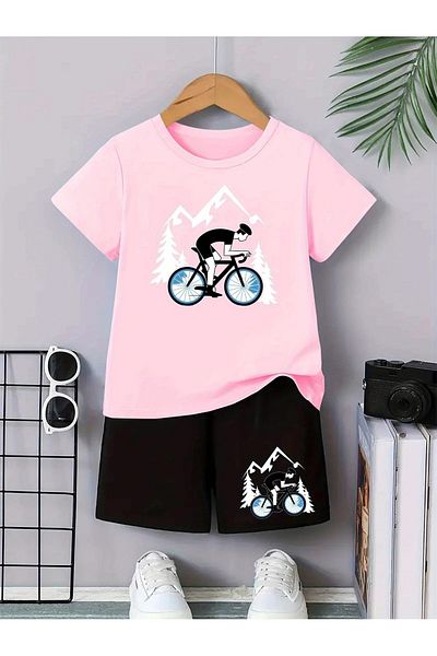 vinraus Girl\Boy Pink-Black Mountain Bike Printed Combed Cotton Shorts-Tshirt Set