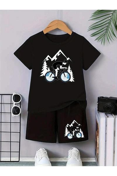 vinraus Girl\Boy Black Mountain Bicycle Printed Combed Cotton Shorts-Tshirt Set