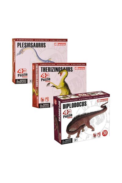 4D Master 3D Dinozor Puzzle 3 lü Set Plesiosaurus, Therizinosaurus, Diplodocu...
