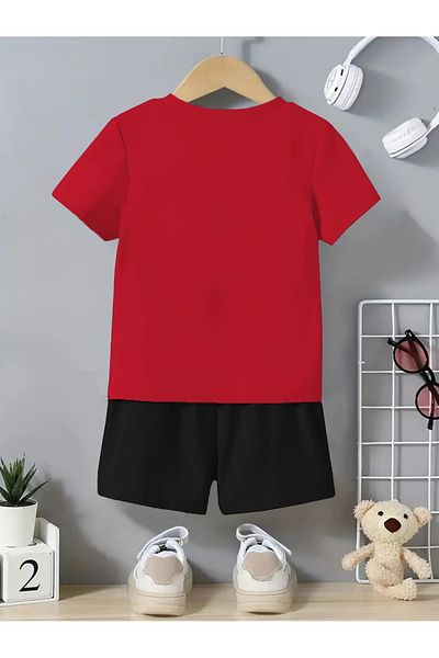 vinraus Girl\Boy Red-Black Football Ball Printed Combed Cotton Shorts-Tshirt Set