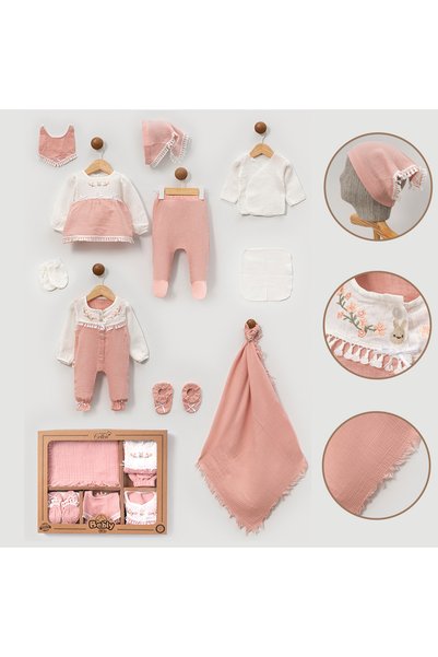 Pure Kids Store Boxed 100% Organic Cotton Muslin Set of 10 Baby Girl Tasseled Flower Embroidered Newborn Hospital Discharge Set