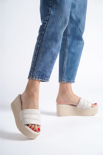 Joy Ayakkabı Reina Wedge Heeled Orthopedic Sole Straw Look Women's Slippers Kt - Cream