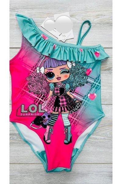 Sipsirin One Shoulder Ruffle Girl's Swimsuit Neon Blue & Pink Design 2-10 Years
