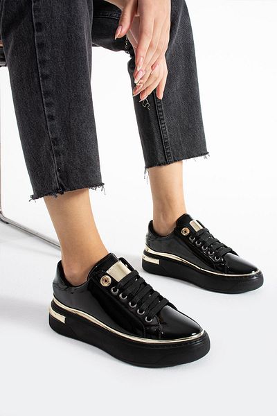 PARİS Women's Black S. Patent Leather Thin Stripe Detailed Sports Shoes