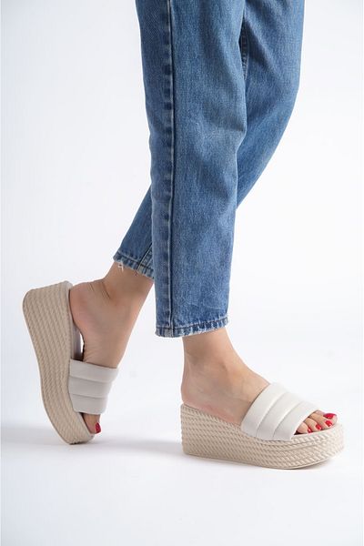 Joy Ayakkabı Reina Wedge Heeled Orthopedic Sole Straw Look Women's Slippers Kt - Cream