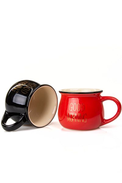 MUKKO HOME Set of 2 Enamel Look Colored Porcelain Mugs Good Morning Gold Written 250 ml