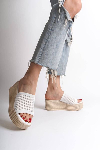 Joy Ayakkabı Marla Wedge Heels Orthopedic Sole Straw Look Knitwear Women's Slippers Kt - White