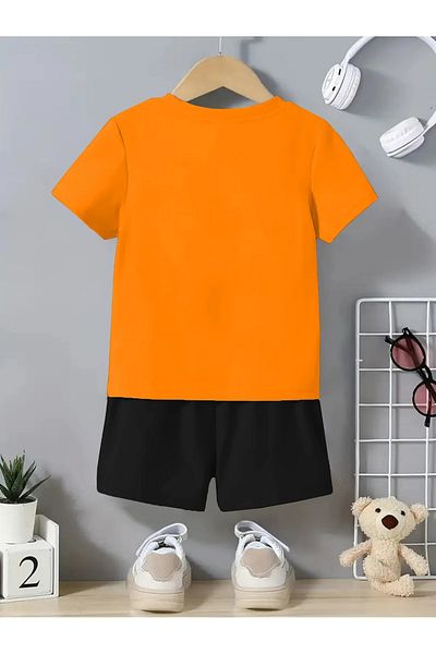 vinraus Girl\Boy Orange-Black Soccer Ball Printed Combed Cotton Shorts-Tshirt Set
