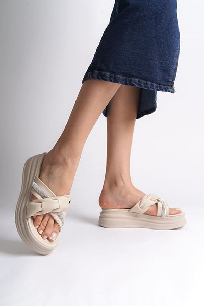 Joy Ayakkabı Clara Flat Heeled Ribbon Patterned Stone Thick and Orthopedic Sole Women's Slippers Kt - Cream