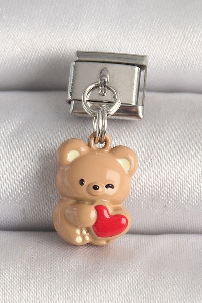 BESKAR 316L Steel Silver Color Brown Teddy Bear Model Red Heart Detail Nomination Charm