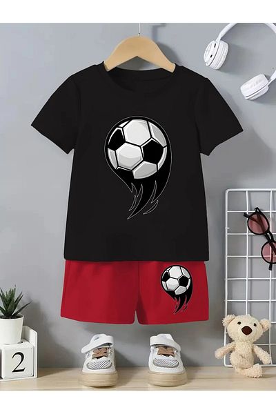 vinraus Girl\Boy's Black-Red Football Ball Printed Combed Cotton Shorts-Tshirt Set