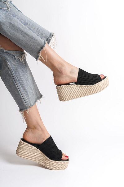 Joy Ayakkabı Marla Wedge Heels Orthopedic Sole Straw Look Knitwear Women's Slippers Kt - Black