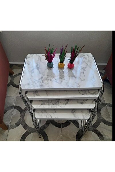 Can Vista Home 4'lü Beyaz Mermer Desen Metal Krom Nikel Ayaklı Zigon Sehpa