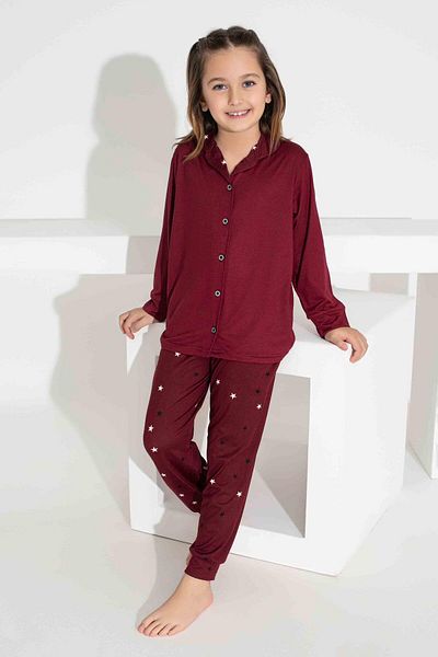 Tarık Girl's Collar Heart Patterned Buttoned Long Sleeve Pijama Set