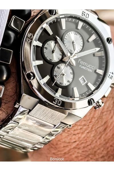 Ferrucci Functions Active Black Dial, Silver Steel Band,Guaranteed, Men's Wristwatch Bracelet with Calendar