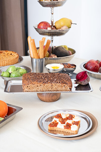 Beige & Stone 33cm Rectangular Baton with Wooden Base Metal Decorative Dessert Pastry Cake Presentation/Serving Stand Plate