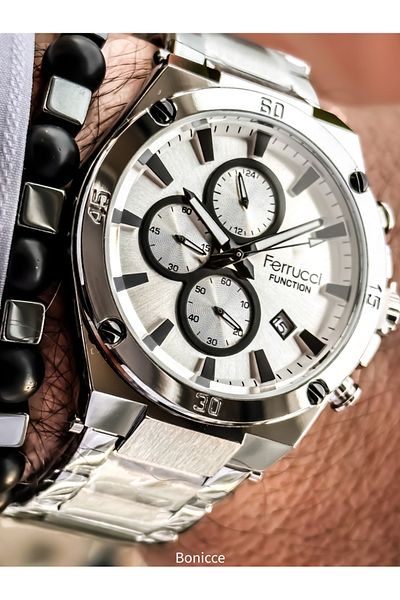Ferrucci Functions Active White Dial,Silver Steel Band,Guaranteed, Men's Wristwatch Bracelet with Calendar